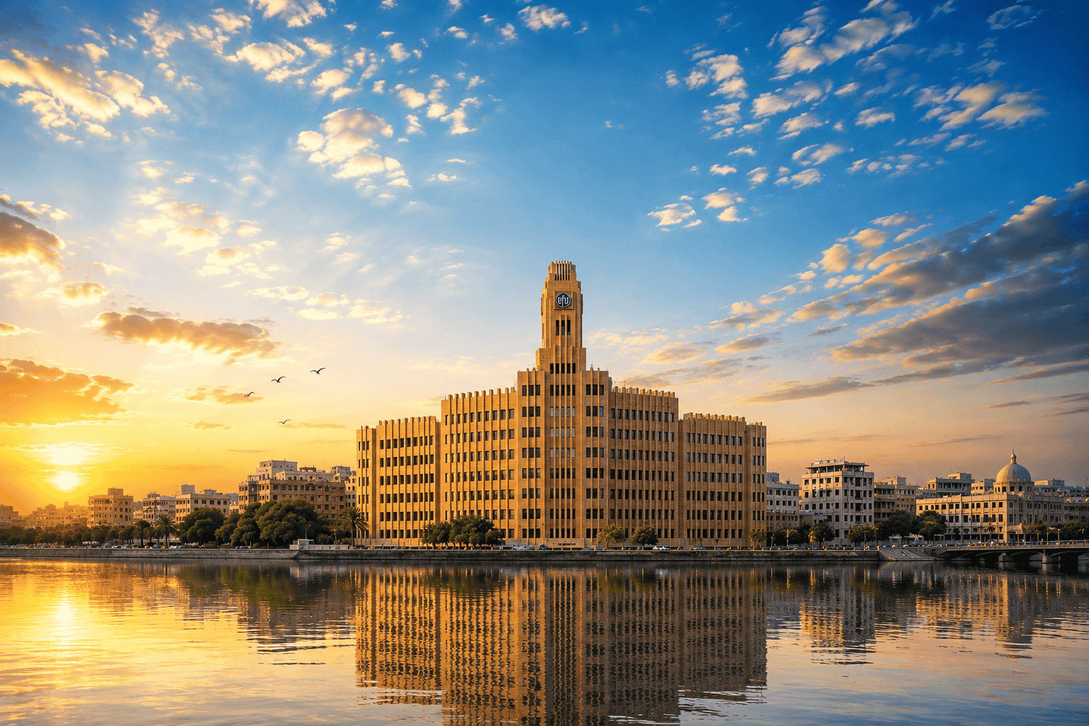 EFU House at sunset reflected in the harbour