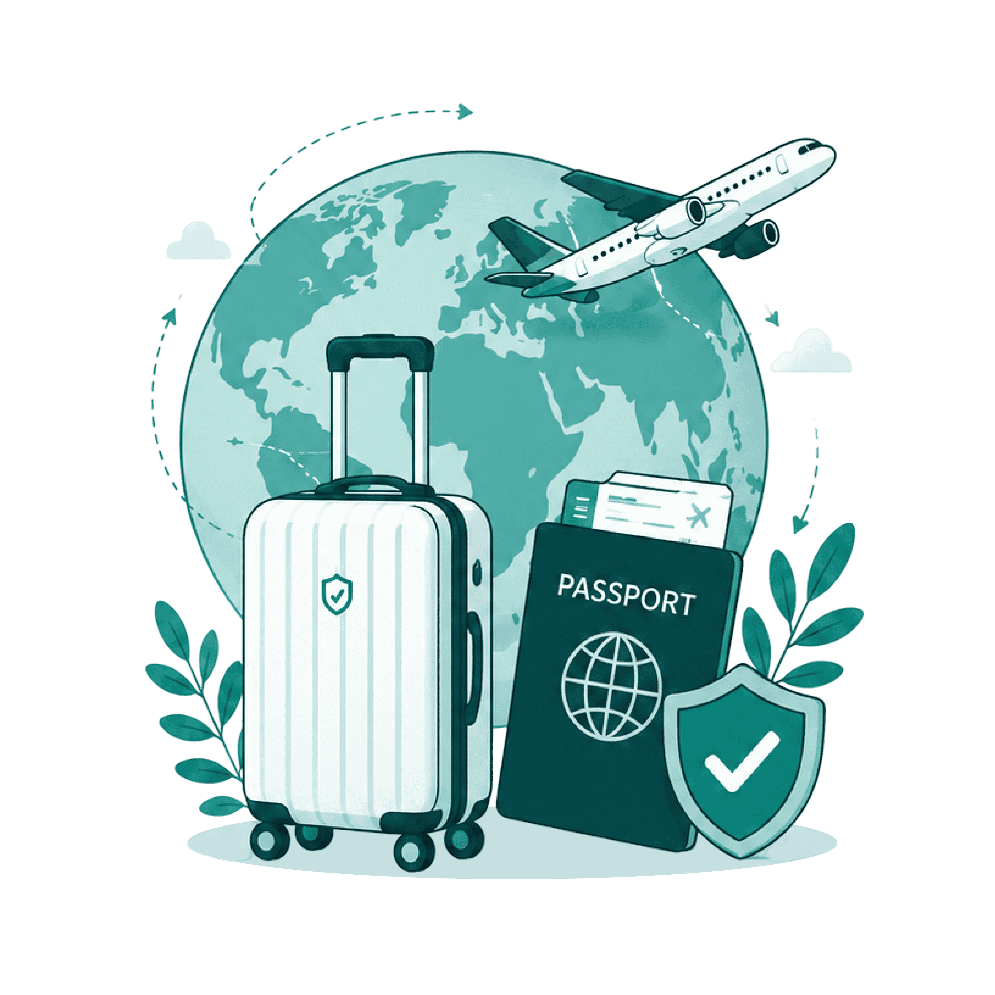 Suitcase, passport and globe with insurance shield