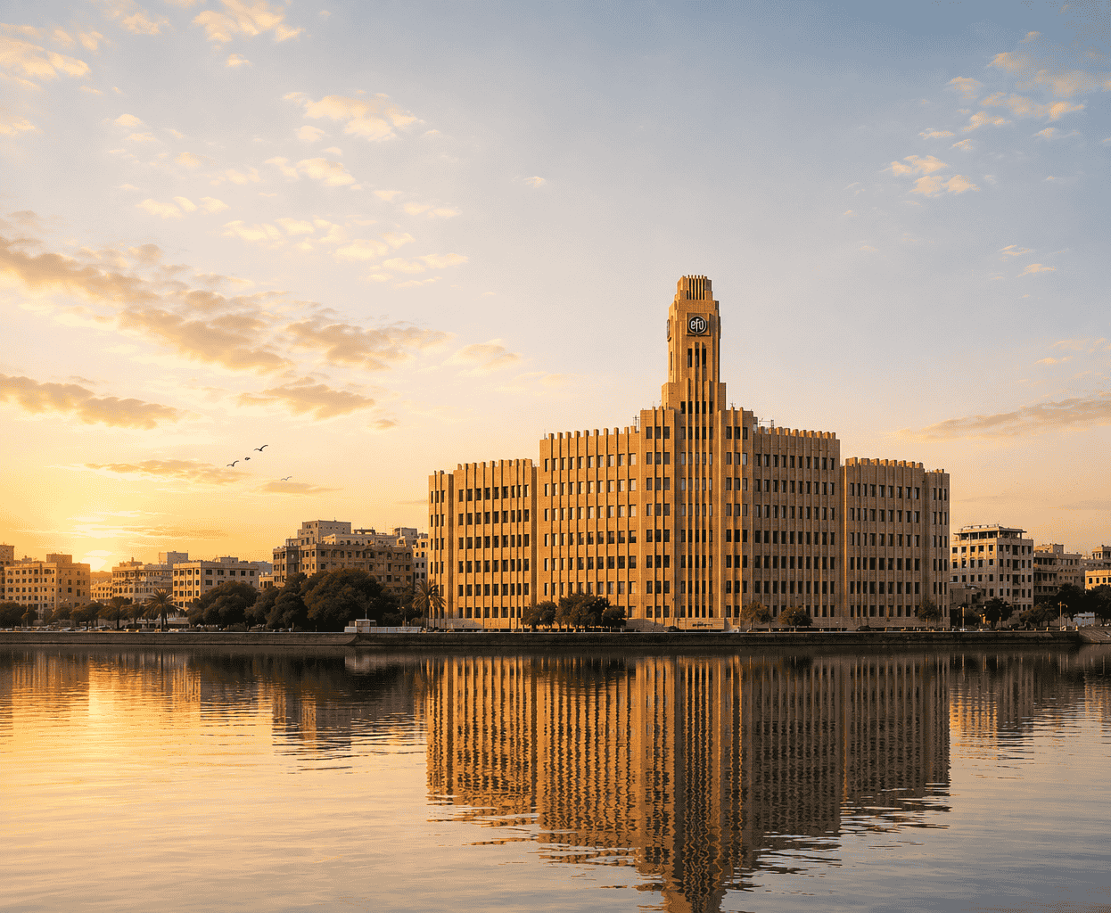 EFU House at sunset, reflected in the harbour